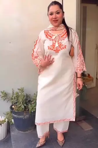 Off-white silk blend embroidered palazzo set