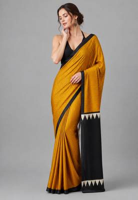 Mustard printed satin saree with blouse 3