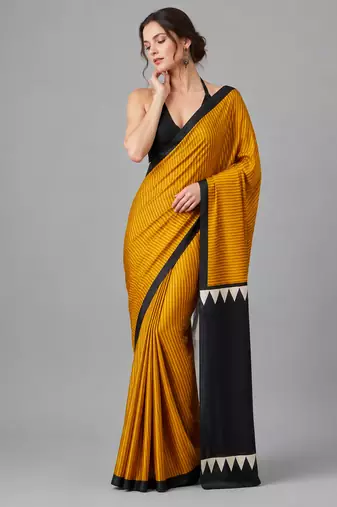 Mustard printed satin saree with blouse