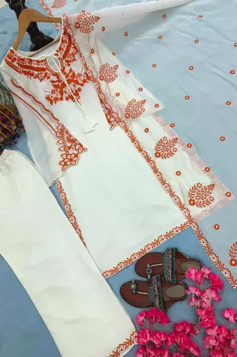 Off-white silk blend embroidered palazzo set