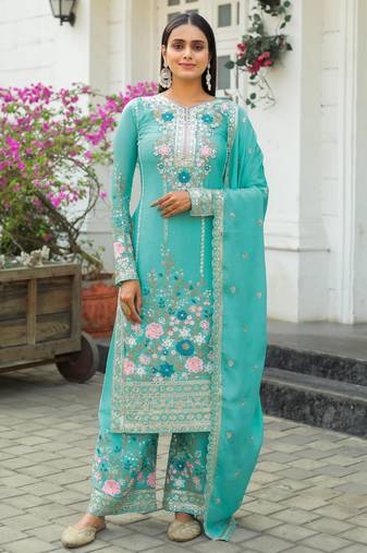 Turquoise silk blend embroidered palazzo set