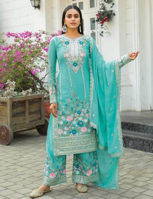 Turquoise silk blend embroidered palazzo set 2