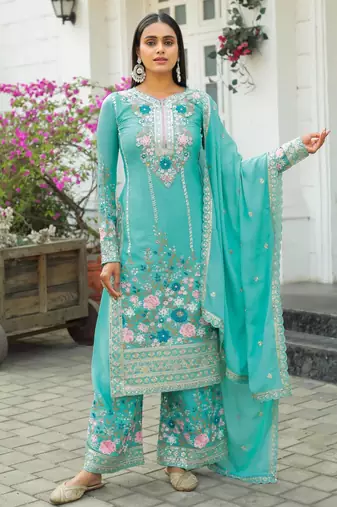 Turquoise silk blend embroidered palazzo set