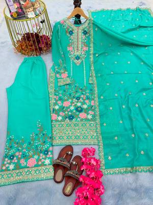 Turquoise silk blend embroidered palazzo set 3