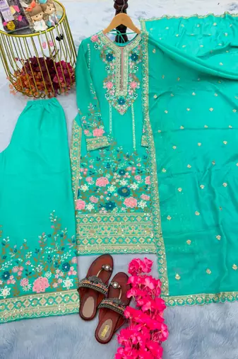 Turquoise silk blend embroidered palazzo set