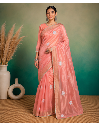 Peach Embroidery Floral Moti Beats Work And Gold Span (Organza) Fabric Saree With Unstitched Blouse  1