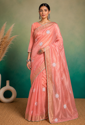 Peach Embroidery Floral Moti Beats Work And Gold Span (Organza) Fabric Saree With Unstitched Blouse 