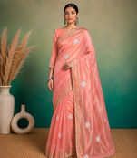 Peach Embroidery Floral Moti Beats Work And Gold Span (Organza) Fabric Saree With Unstitched Blouse 