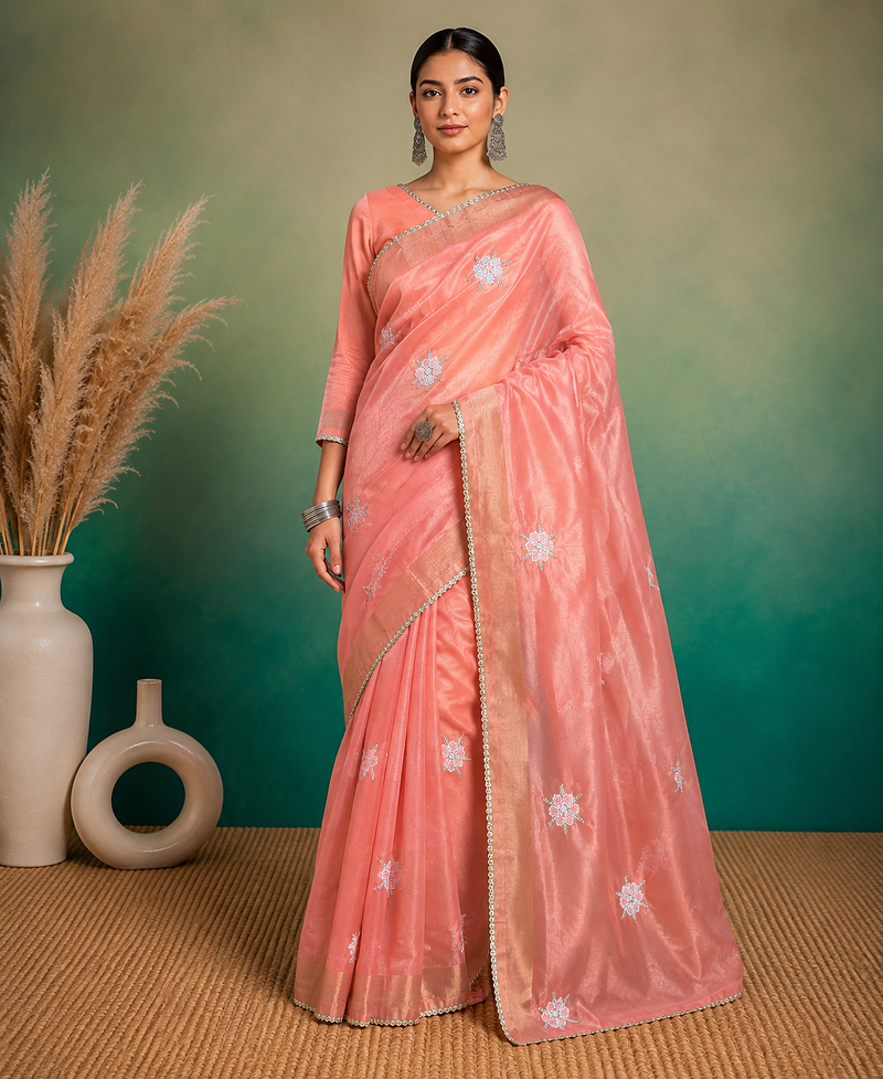 Peach Embroidery Floral Moti Beats Work And Gold Span (Organza) Fabric Saree With Unstitched Blouse 