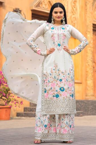 White silk blend embroidered palazzo set