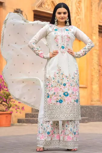 White silk blend embroidered palazzo set