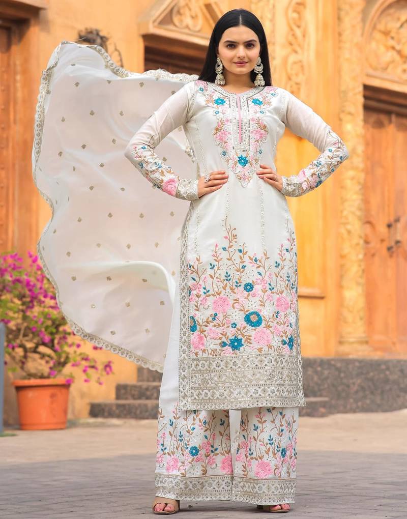 White silk blend embroidered palazzo set