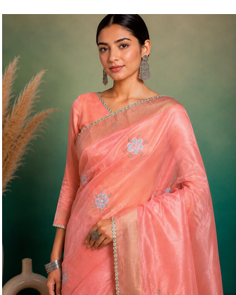 Peach Embroidery Floral Moti Beats Work And Gold Span (Organza) Fabric Saree With Unstitched Blouse  2