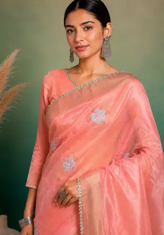 Peach Embroidery Floral Moti Beats Work And Gold Span (Organza) Fabric Saree With Unstitched Blouse 