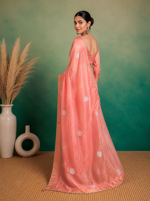 Peach Embroidery Floral Moti Beats Work And Gold Span (Organza) Fabric Saree With Unstitched Blouse  3