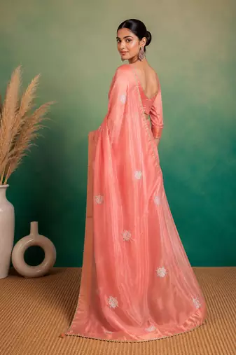 Peach Embroidery Floral Moti Beats Work And Gold Span (Organza) Fabric Saree With Unstitched Blouse 