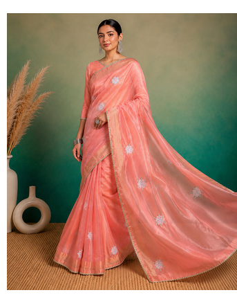 Peach Embroidery Floral Moti Beats Work And Gold Span (Organza) Fabric Saree With Unstitched Blouse  4