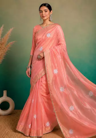 Peach Embroidery Floral Moti Beats Work And Gold Span (Organza) Fabric Saree With Unstitched Blouse 