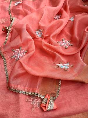 Peach Embroidery Floral Moti Beats Work And Gold Span (Organza) Fabric Saree With Unstitched Blouse  5