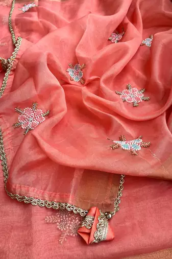 Peach Embroidery Floral Moti Beats Work And Gold Span (Organza) Fabric Saree With Unstitched Blouse 