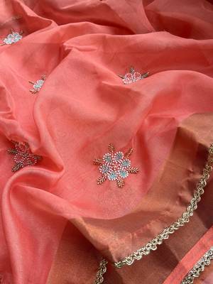 Peach Embroidery Floral Moti Beats Work And Gold Span (Organza) Fabric Saree With Unstitched Blouse  6