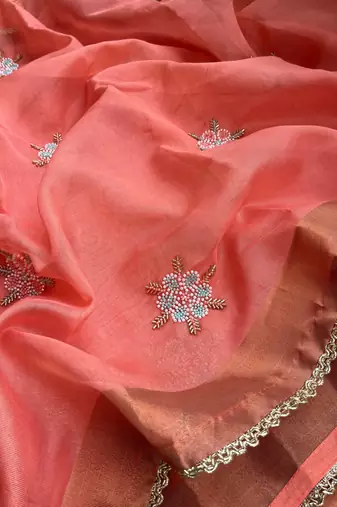 Peach Embroidery Floral Moti Beats Work And Gold Span (Organza) Fabric Saree With Unstitched Blouse 