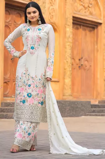 White silk blend embroidered palazzo set