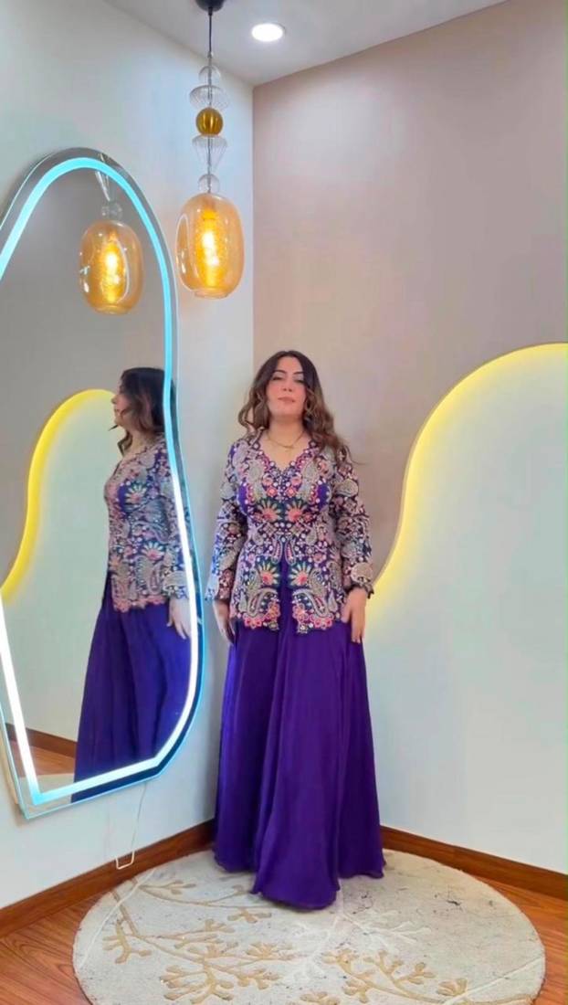 Purple georgette embroidered palazzo set