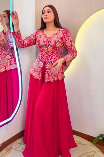 Rani-pink georgette embroidered palazzo set