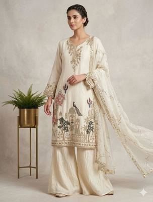 Off-white silk blend embroidered palazzo set 1