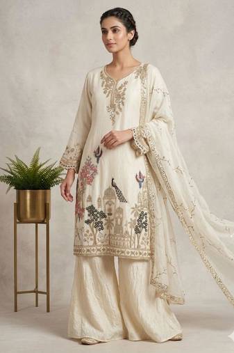 Off-white silk blend embroidered palazzo set