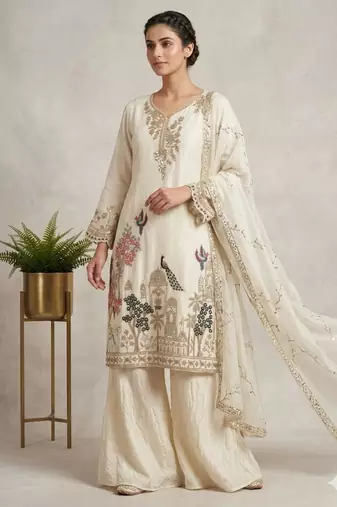 Off-white silk blend embroidered palazzo set