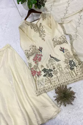 Off-white silk blend embroidered palazzo set
