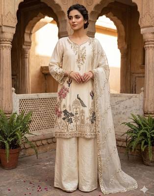 Off-white silk blend embroidered palazzo set 3