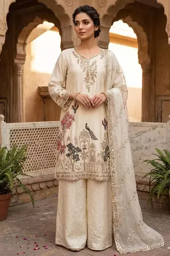 Off-white silk blend embroidered palazzo set