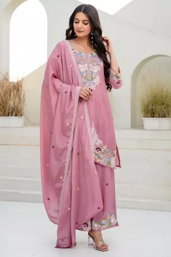 Pink silk blend embroidered palazzo set