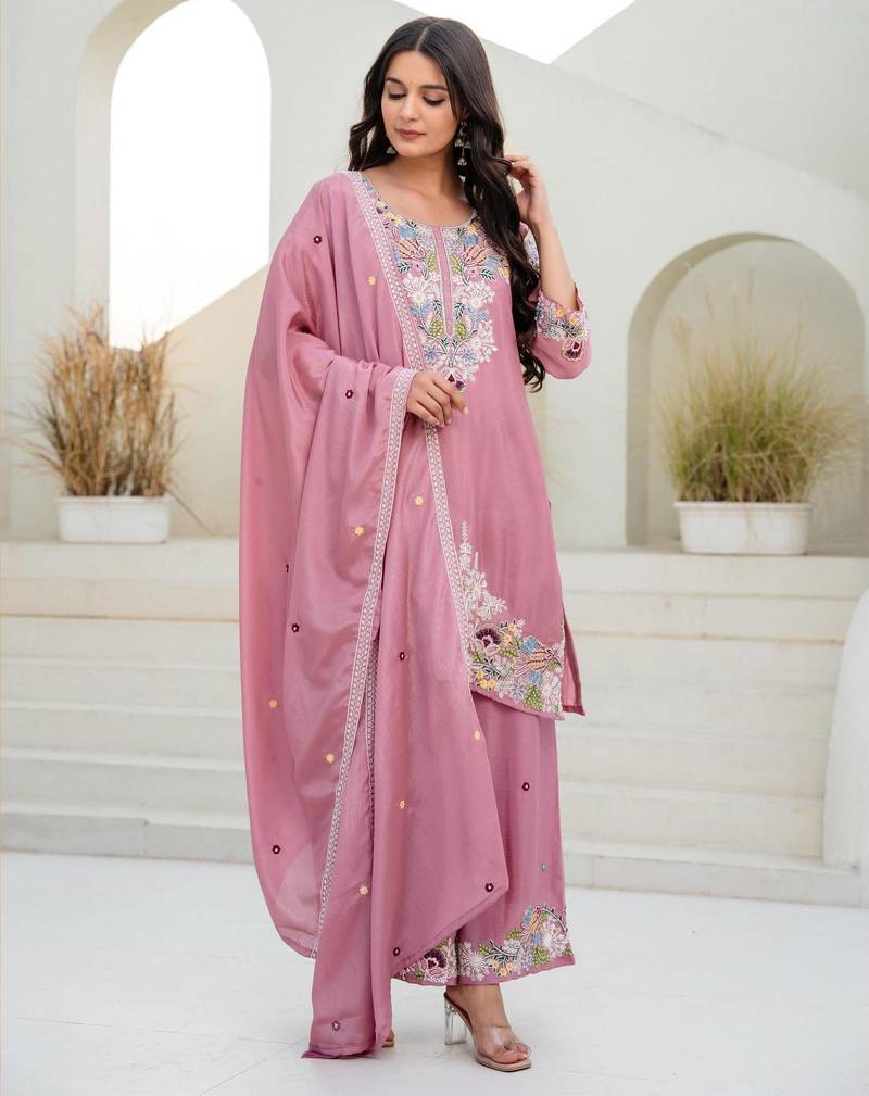 Pink silk blend embroidered palazzo set