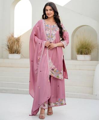 Pink silk blend embroidered palazzo set 2