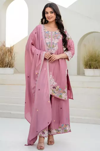 Pink silk blend embroidered palazzo set