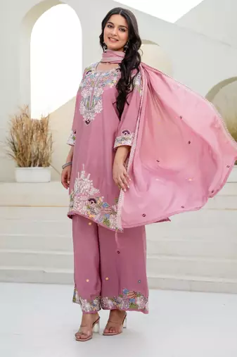 Pink silk blend embroidered palazzo set