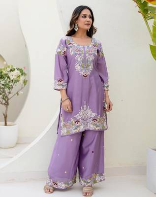 Lavender silk blend embroidered palazzo set 1