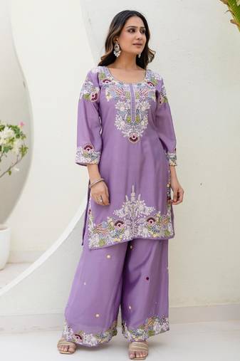 Lavender silk blend embroidered palazzo set
