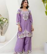 Lavender silk blend embroidered palazzo set
