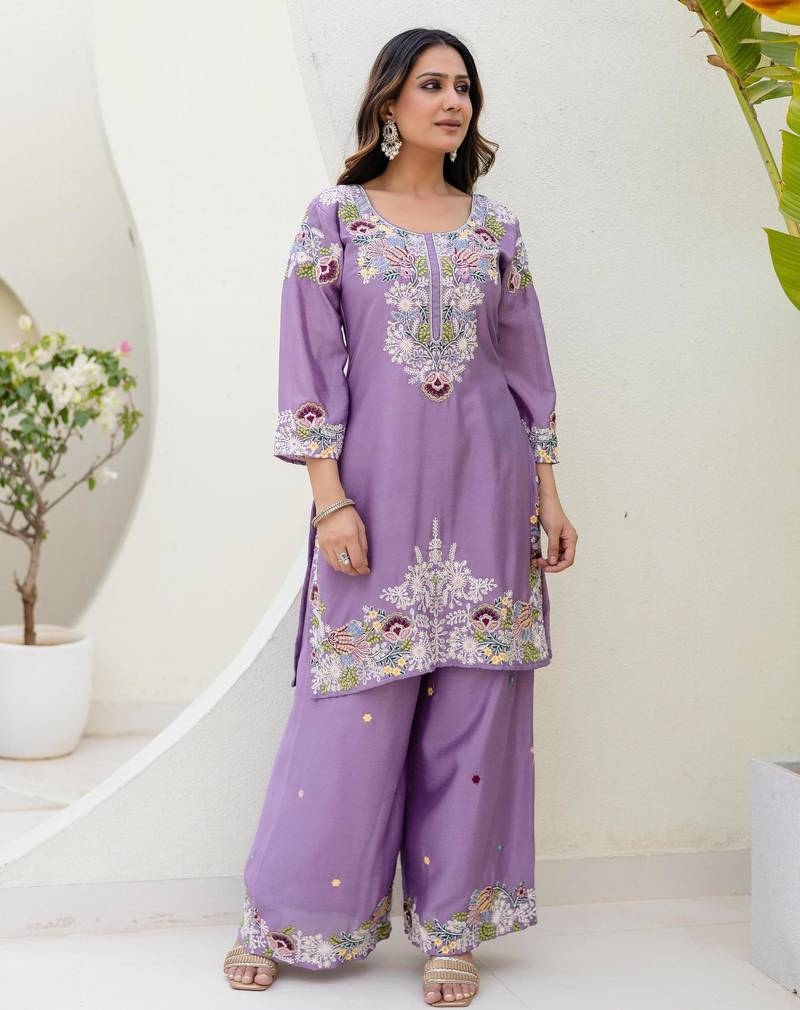 Lavender silk blend embroidered palazzo set