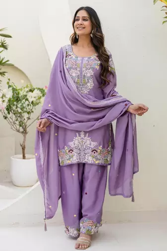 Lavender silk blend embroidered palazzo set