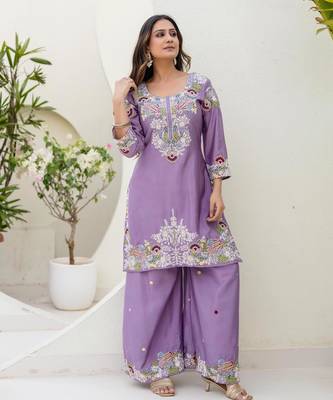 Lavender silk blend embroidered palazzo set 3