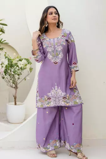 Lavender silk blend embroidered palazzo set