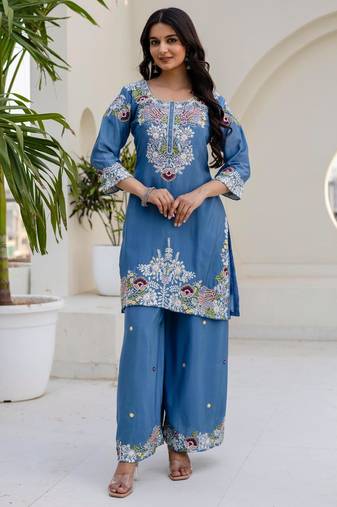 Sky-blue silk blend embroidered palazzo set