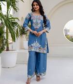 Sky-blue silk blend embroidered palazzo set