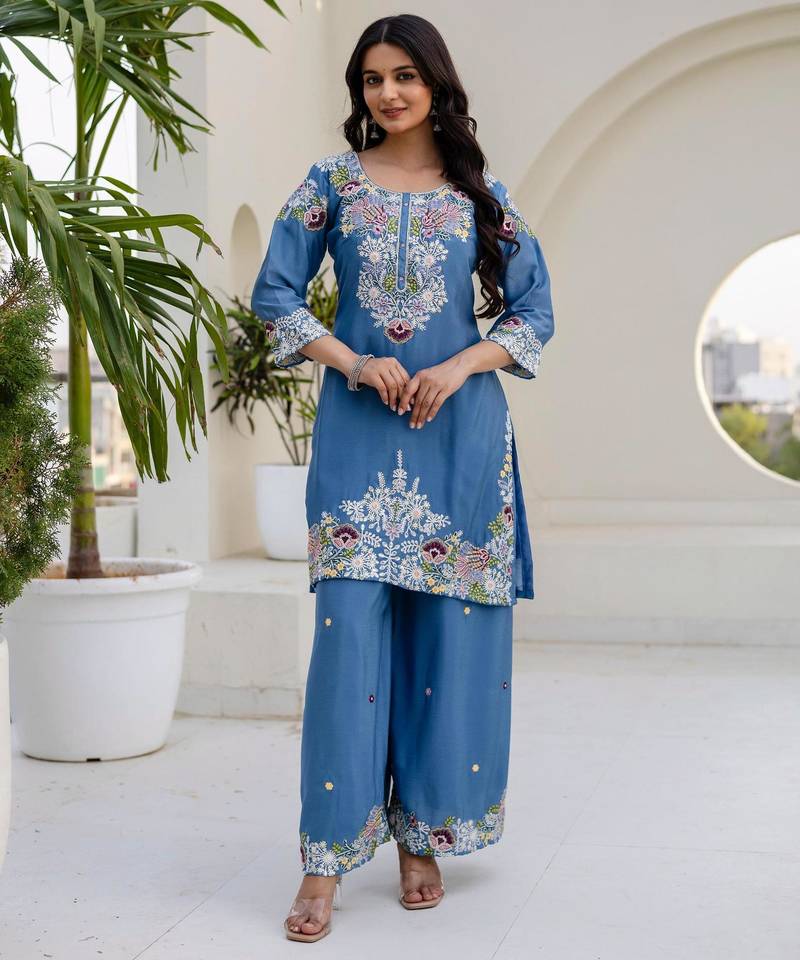 Sky-blue silk blend embroidered palazzo set